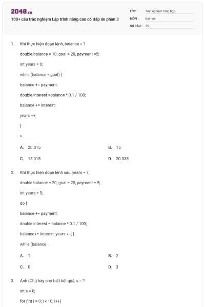 100+ câu trắc nghiệm Lập trình nâng cao có đáp án phần 3