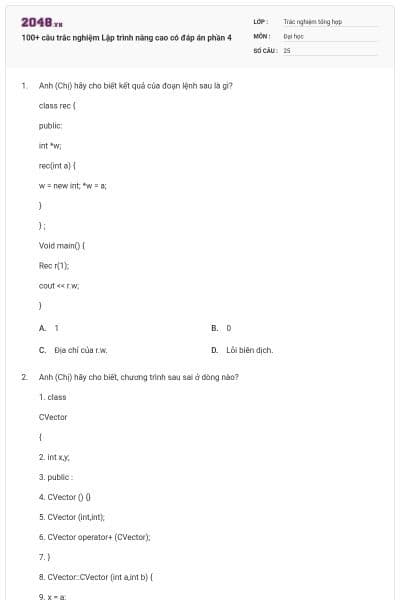 100+ câu trắc nghiệm Lập trình nâng cao có đáp án phần 4