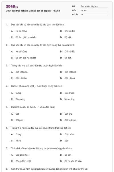 300+ câu trắc nghiệm Cơ học đất có đáp án - Phần 2