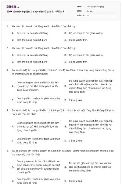 300+ câu trắc nghiệm Cơ học đất có đáp án - Phần 3