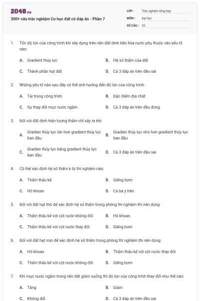300+ câu trắc nghiệm Cơ học đất có đáp án - Phần 7