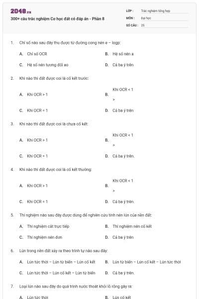 300+ câu trắc nghiệm Cơ học đất có đáp án - Phần 8