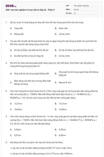 300+ câu trắc nghiệm Cơ học đất có đáp án - Phần 9