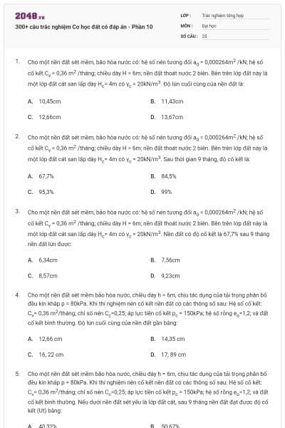 300+ câu trắc nghiệm Cơ học đất có đáp án - Phần 10