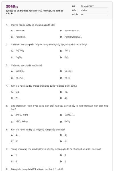 (2023) Đề thi thử Hóa học THPT Cù Huy Cận, Hà Tĩnh có đáp án