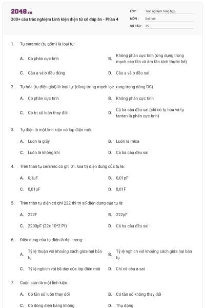300+ câu trắc nghiệm Linh kiện điện tử có đáp án - Phần 4
