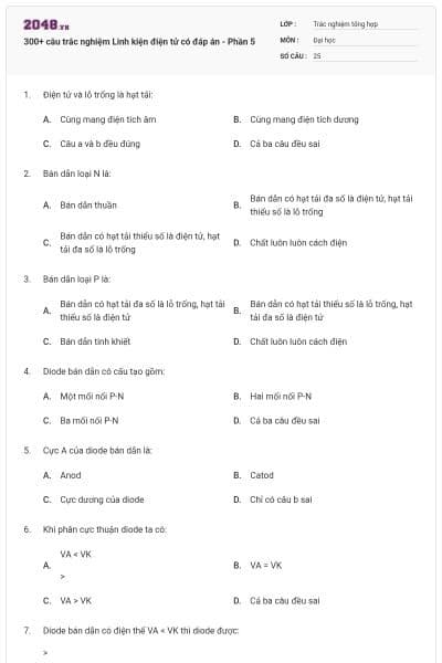 300+ câu trắc nghiệm Linh kiện điện tử có đáp án - Phần 5