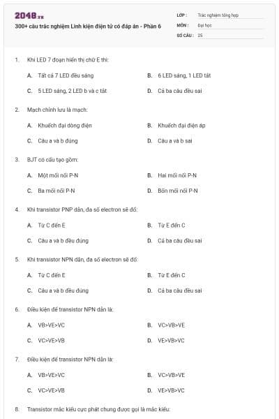 300+ câu trắc nghiệm Linh kiện điện tử có đáp án - Phần 6