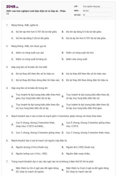 300+ câu trắc nghiệm Linh kiện điện tử có đáp án - Phần 11
