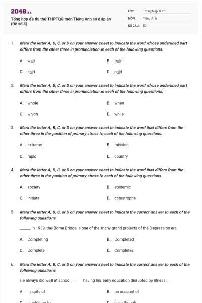 Tổng hợp đề thi thử THPTQG môn Tiếng Anh có đáp án (Đề số 4)