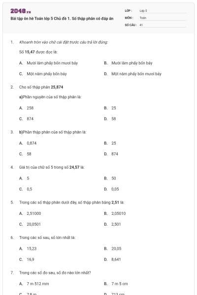 Bài tập ôn hè Toán lớp 5 Chủ đề 1. Số thập phân có đáp án