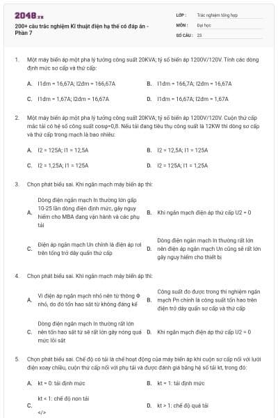 200+ câu trắc nghiệm Kĩ thuật điện hạ thế có đáp án - Phần 7