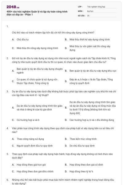 400+ câu trắc nghiệm Quản lý và lập dự toán công trình điện có đáp án - Phần 1