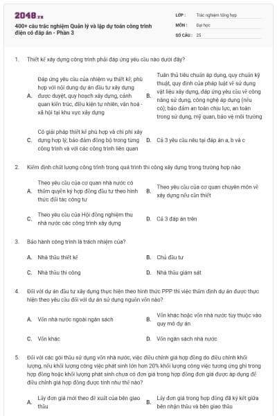 400+ câu trắc nghiệm Quản lý và lập dự toán công trình điện có đáp án - Phần 3