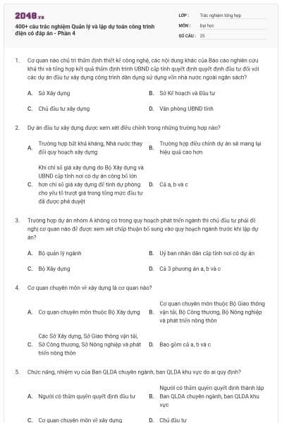 400+ câu trắc nghiệm Quản lý và lập dự toán công trình điện có đáp án - Phần 4