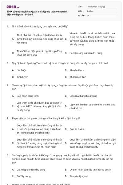 400+ câu trắc nghiệm Quản lý và lập dự toán công trình điện có đáp án - Phần 6