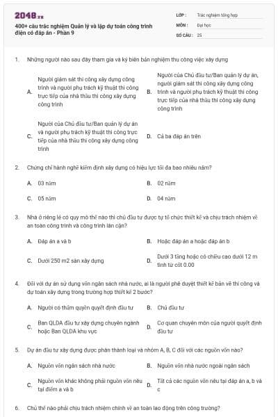 400+ câu trắc nghiệm Quản lý và lập dự toán công trình điện có đáp án - Phần 9