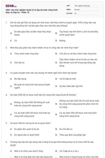 400+ câu trắc nghiệm Quản lý và lập dự toán công trình điện có đáp án - Phần 10