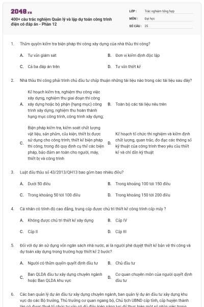 400+ câu trắc nghiệm Quản lý và lập dự toán công trình điện có đáp án - Phần 12