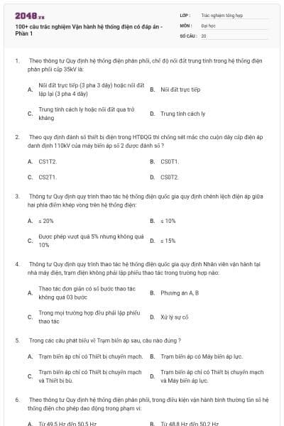 100+ câu trắc nghiệm Vận hành hệ thống điện có đáp án - Phần 1