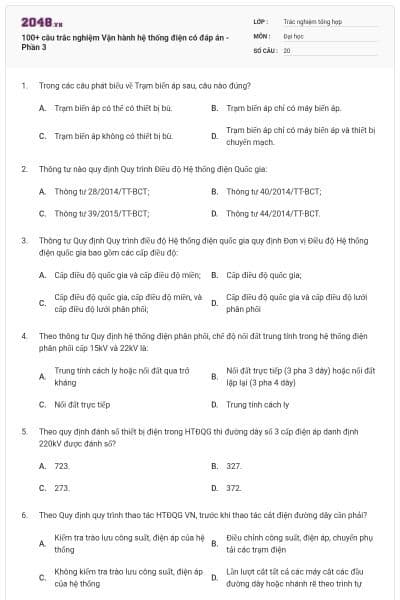100+ câu trắc nghiệm Vận hành hệ thống điện có đáp án - Phần 3