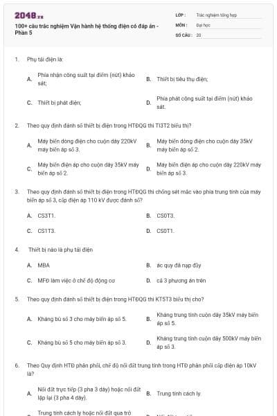 100+ câu trắc nghiệm Vận hành hệ thống điện có đáp án - Phần 5