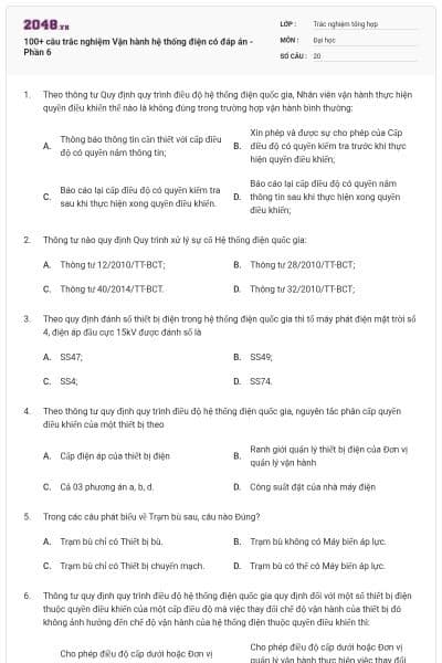 100+ câu trắc nghiệm Vận hành hệ thống điện có đáp án - Phần 6