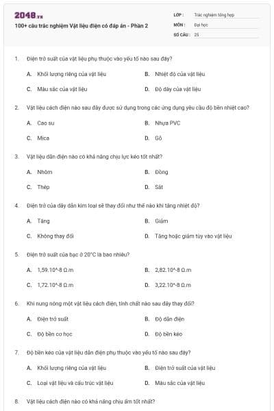 100+ câu trắc nghiệm Vật liệu điện có đáp án - Phần 2