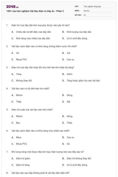 100+ câu trắc nghiệm Vật liệu điện có đáp án - Phần 3