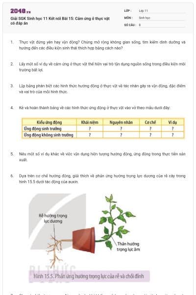 Giải SGK Sinh học 11 Kết nối Bài 15: Cảm ứng ở thực vật có đáp án