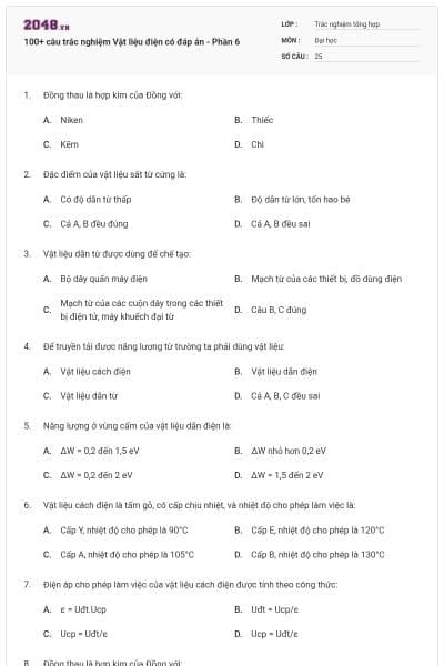 100+ câu trắc nghiệm Vật liệu điện có đáp án - Phần 6