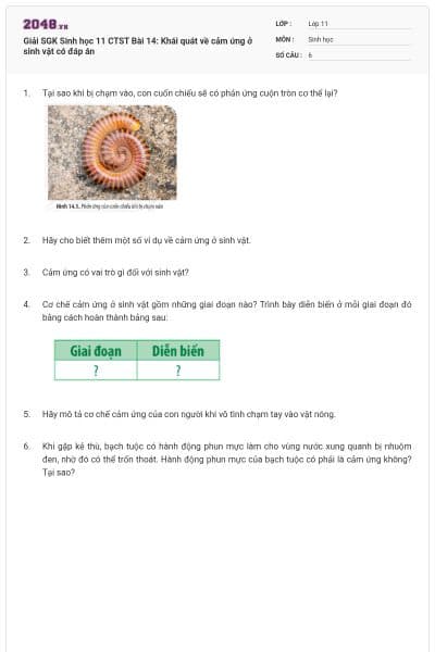 Giải SGK Sinh học 11 CTST Bài 14: Khái quát về cảm ứng ở sinh vật có đáp án