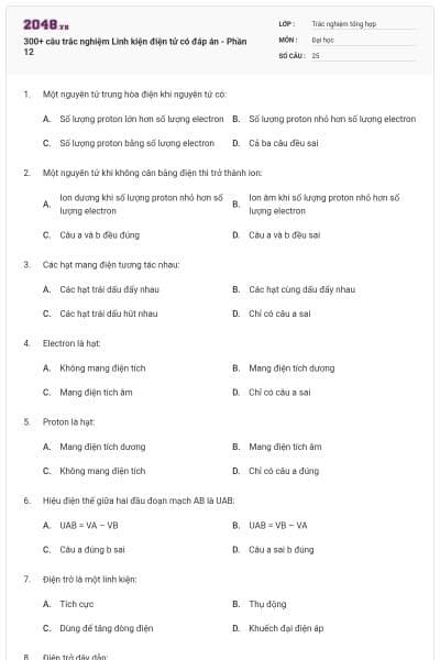 300+ câu trắc nghiệm Linh kiện điện tử có đáp án - Phần 12