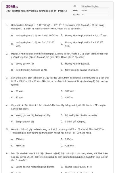 700+ câu trắc nghiệm Vật lí đại cương có đáp án - Phần 13
