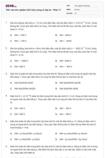 700+ câu trắc nghiệm Vật lí đại cương có đáp án - Phần 17