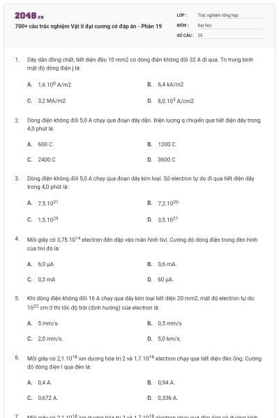 700+ câu trắc nghiệm Vật lí đại cương có đáp án - Phần 19