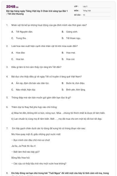 Bài tập hàng ngày Tiếng Việt lớp 5 Chân trời sáng tạo Bài 1 : Tết nhớ thương
