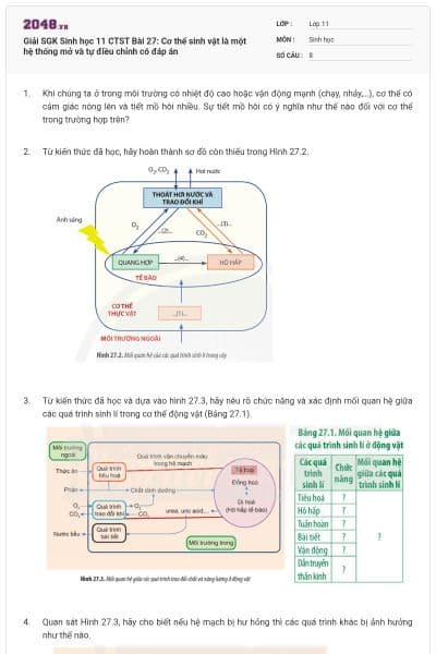 Giải SGK Sinh học 11 CTST Bài 27: Cơ thể sinh vật là một hệ thống mở và tự điều chỉnh có đáp án