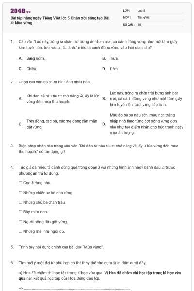Bài tập hàng ngày Tiếng Việt lớp 5 Chân trời sáng tạo Bài 4: Mùa vừng