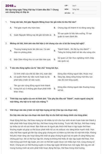 Bài tập hàng ngày Tiếng Việt lớp 5 Cánh diều Bài 7: Chung sức chung lòng có đáp án