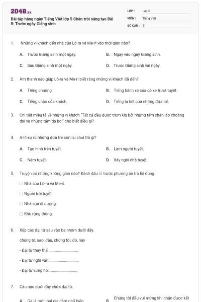 Bài tập hàng ngày Tiếng Việt lớp 5 Chân trời sáng tạo Bài 5: Trước ngày Giáng sinh