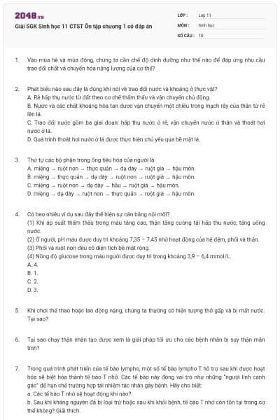 Giải SGK Sinh học 11 CTST Ôn tập chương 1 có đáp án