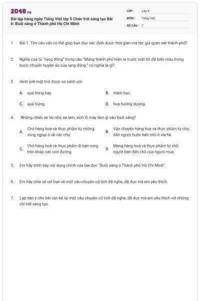Bài tập hàng ngày Tiếng Việt lớp 5 Chân trời sáng tạo Bài 6: Buổi sáng ở Thành phố Hồ Chí Minh