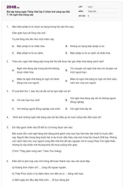 Bài tập hàng ngày Tiếng Việt lớp 5 Chân trời sáng tạo Bài 7: Về ngôi nhà đang xây