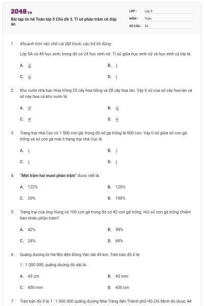 Bài tập ôn hè Toán lớp 5 Chủ đề 3. Tỉ số phần trăm có đáp án