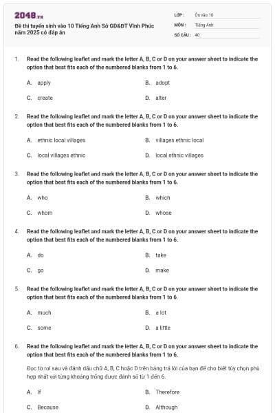 Đề thi tuyển sinh vào 10 Tiếng Anh Sở GD&ĐT Vĩnh Phúc năm 2025 có đáp án