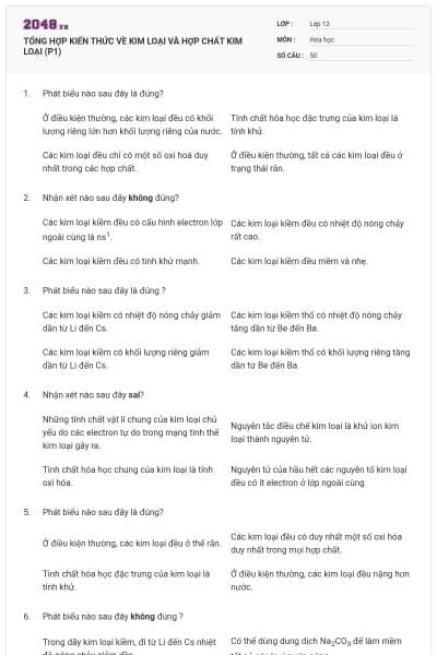 TỔNG HỢP KIẾN THỨC VỀ KIM LOẠI VÀ HỢP CHẤT KIM LOẠI (P1)