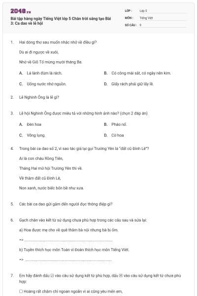 Bài tập hàng ngày Tiếng Việt lớp 5 Chân trời sáng tạo Bài 3: Ca dao về lễ hội