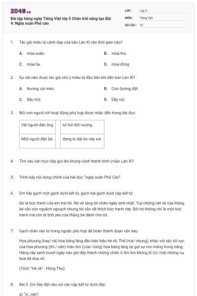 Bài tập hàng ngày Tiếng Việt lớp 5 Chân trời sáng tạo Bài 4: Ngày xuân Phố cáo