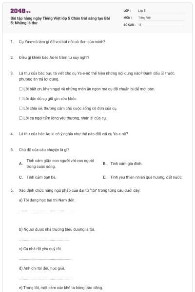 Bài tập hàng ngày Tiếng Việt lớp 5 Chân trời sáng tạo Bài 5: Những lá thư